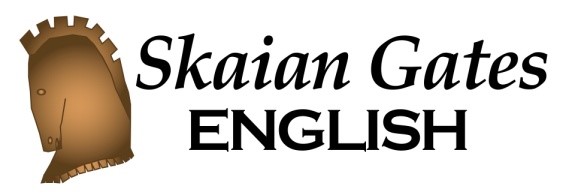 The words Skaian Gates English in black, beside an image of a wooden horse's head